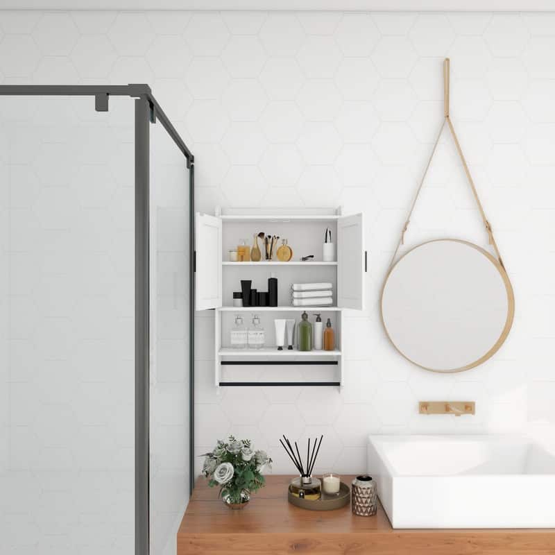 Bathroom Wall Cabinet with Doors,Adjustable Shelf,Towel Bar and Paper Holder