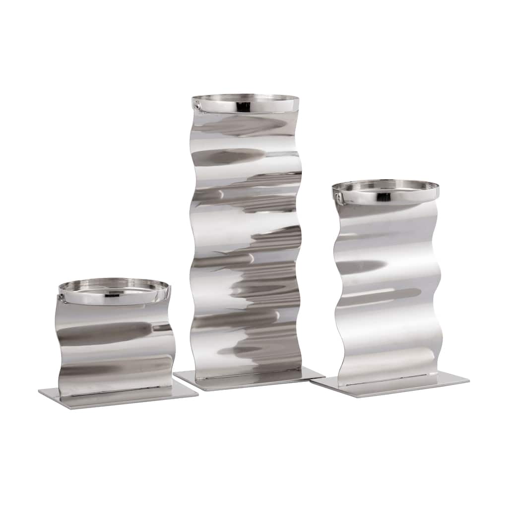 Atlas Curve Set of 3 Pillar Candle holders - Polished Nickel - 9.5 inch H