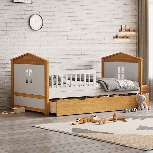 slide 2 of 9, White+Walnut Wood House Shape Bed with Two Drawers and Fence for Girls Boys Teens White+Walnut