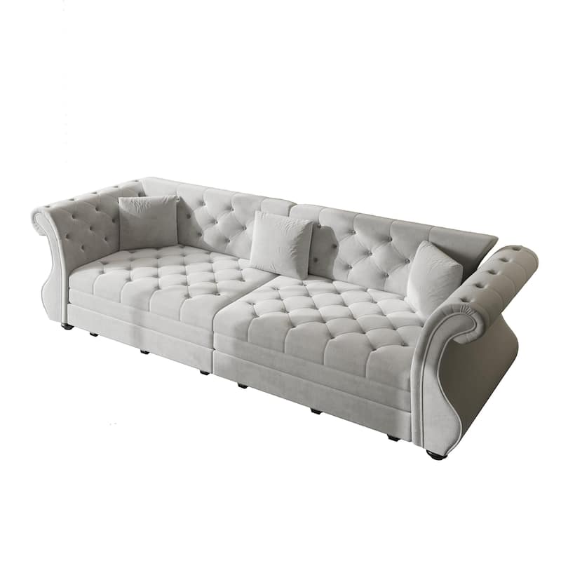 97.6" Oversized Chesterfield Pull-Out Sofa Bed, Velvet Upholstered Sleeper Couch with Roll Arms & Tufting