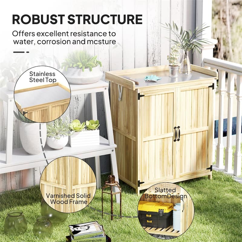 Wooden Outdoor Storage Shed with Stainless Steel Top & Inner Shelf - 29.1" W x 16.9" D x 34.6" H