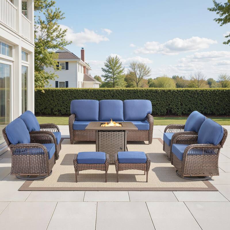 Pocassy Outdoor Sofa Ottoman Swivel Chair Table with Fire Table Funiture Set. - Brown Wicker Blue Cushion - 8-Piece Sofa Swivel Chair Ottoman w/ Fie Table