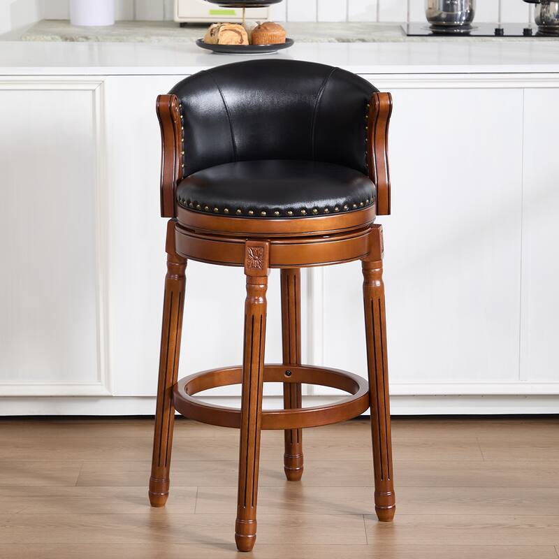 Cow Print Leather Swivel Bar Stool with Back, Wooden Frame & 360-Degree Spin, Bar Height, Black