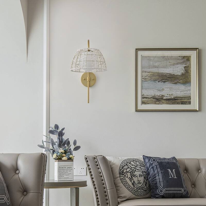 Aiwen Modern 1 Light Wall Sconce Painted Gold Finish White Woven Rattan Opal Acid Etched Glass Shade