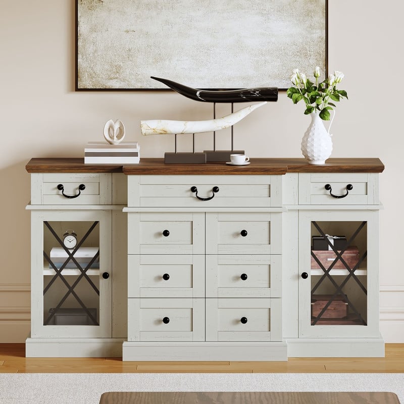 Moasis 59" Farmhouse Coffee Bar Cabinet Buffet Cabinet Sideboard Cabinet With 9 Drawers & Adjustable Shelving - White