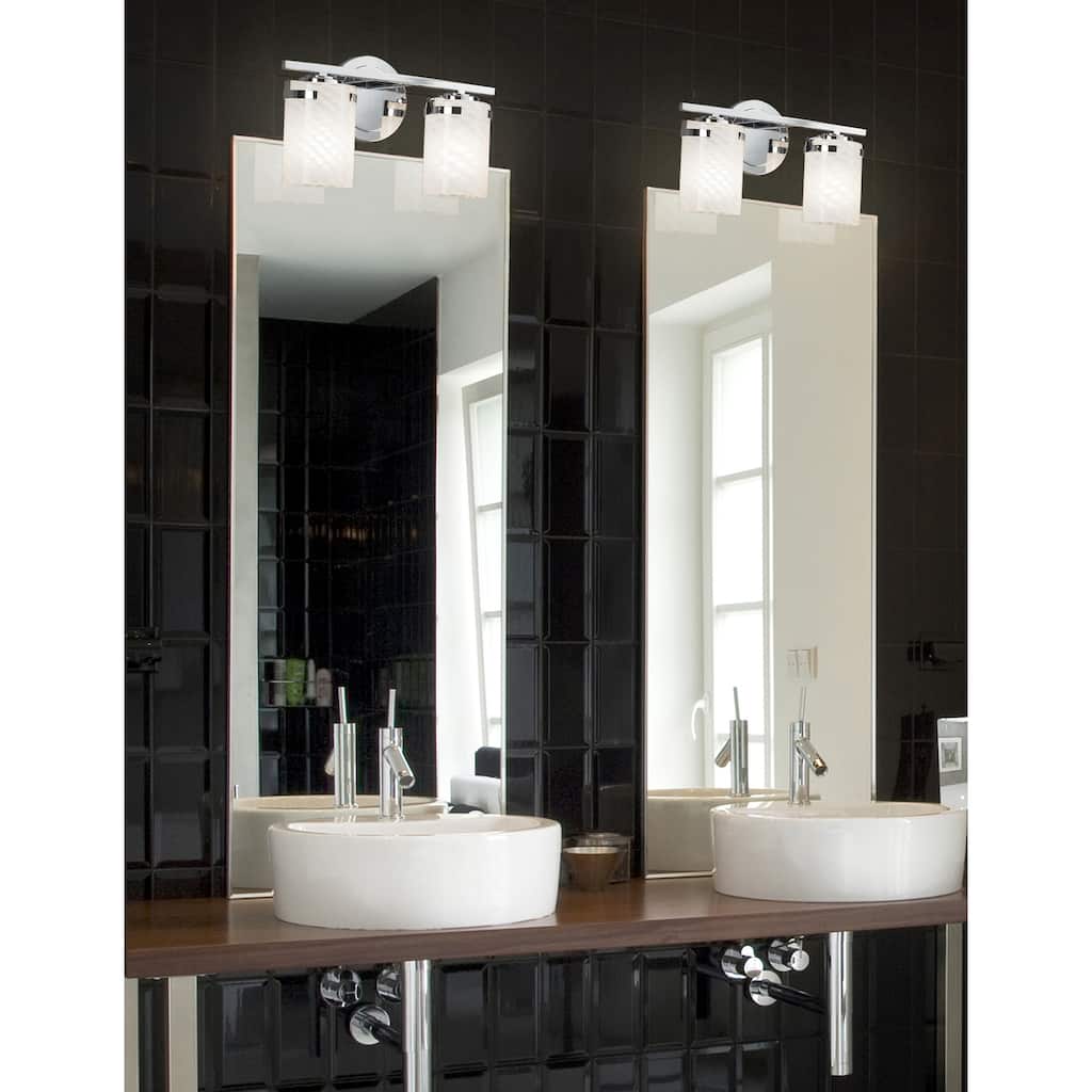 Justice Design Fusion Atlas 2-light Polished Chrome Bath Bar, Weave Cylinder - Flat Rim Shade - Polished Chrome
