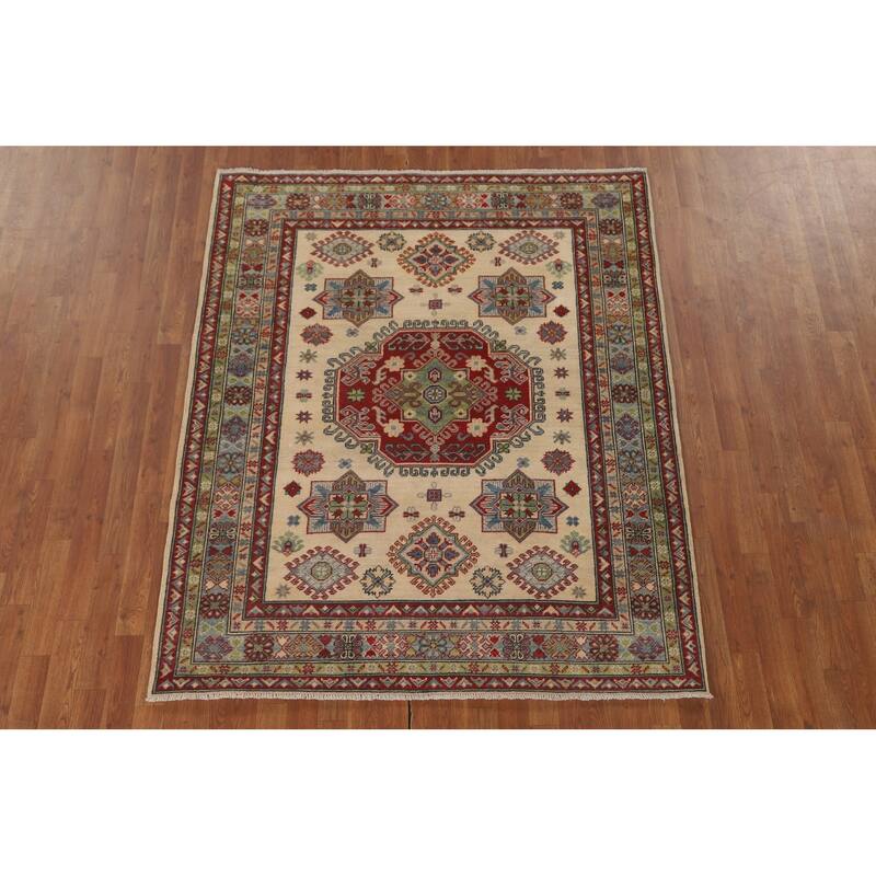 Geometric Beige Kazak Area Rug Handmade Wool Carpet - 5'1" x 6'4"