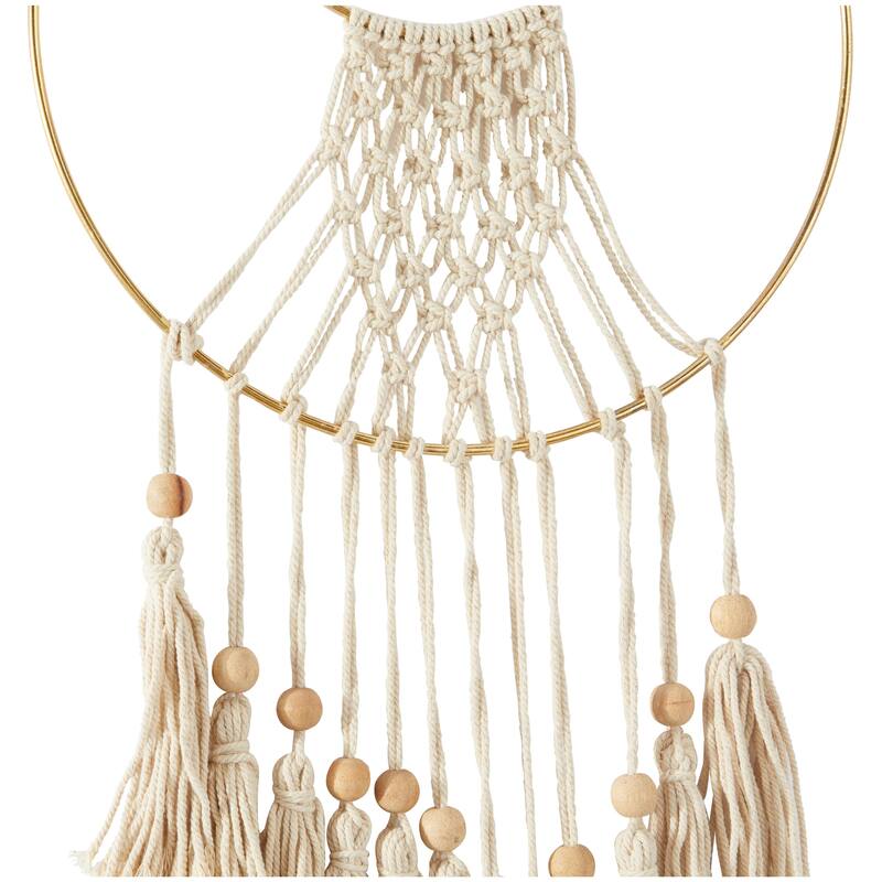 Cotton Fabric Macrame Handmade Home Wall Decor with Wood Beads and Gold Circular Frame - Cream - Roche River Decor