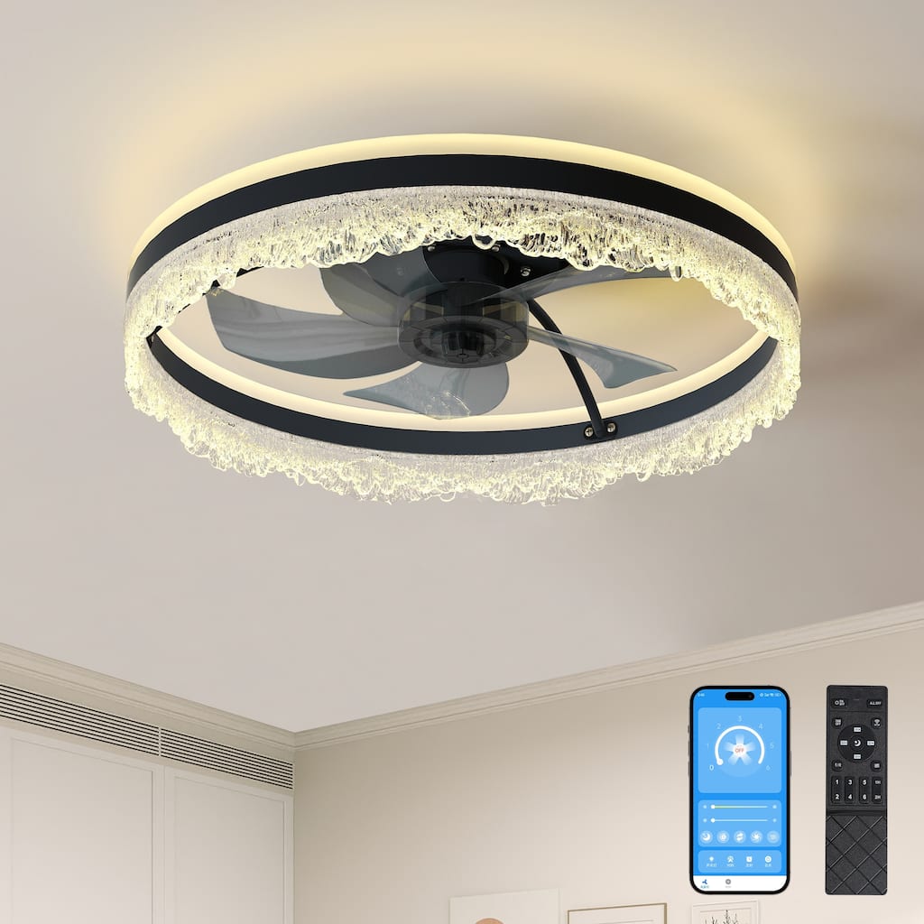 20" Smart Silent Ceiling Fan with Light - Crystal Flush Mount LED Fan Lamp with Hidden Blades and Natural Airflow System - Black