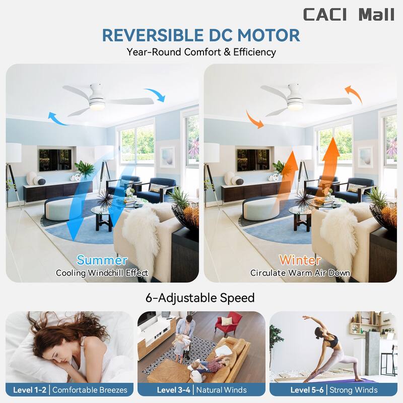 52/60 Inch Ceiling Fan with Integrated LED Light and Remote Control Quiet DC Motor