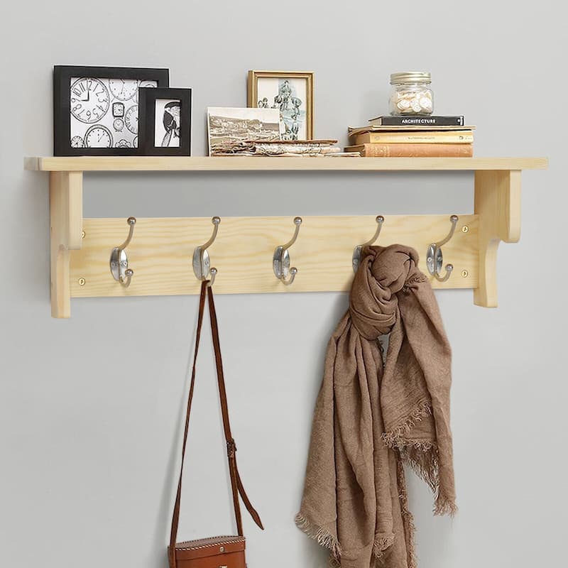 Rustic Wall Mounted Coat Rack with Storage Shelf & Metal Hooks