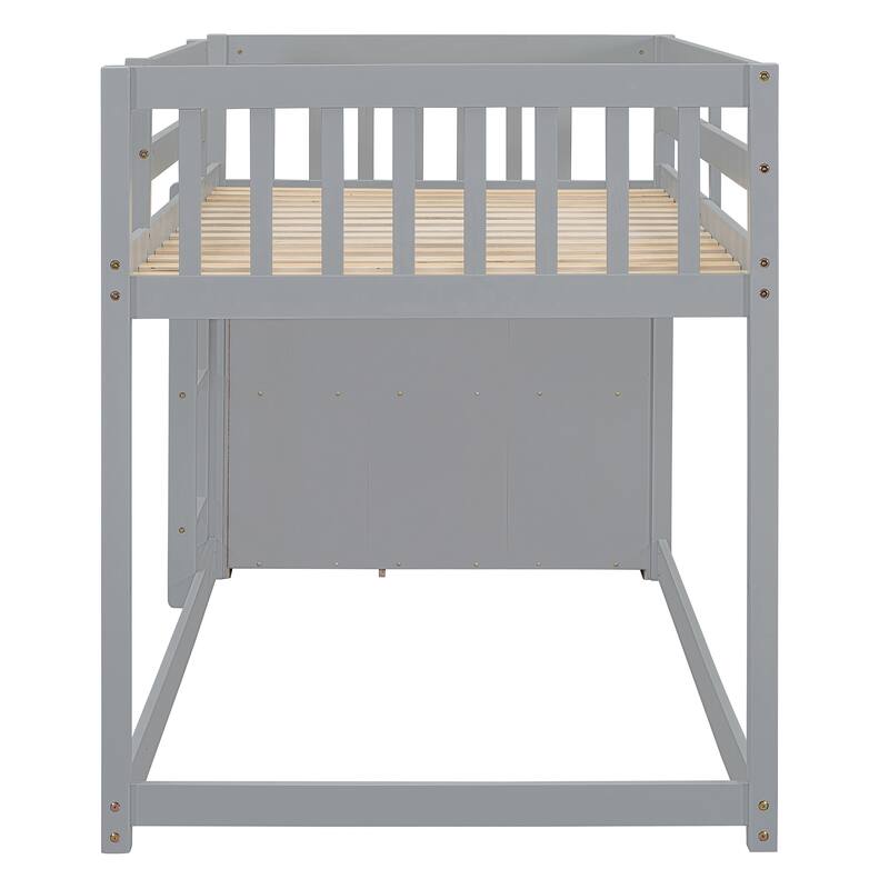 Twin Over Twin Size Bunk Platform Bed Frame with 4 Storage Drawers and 3 Shelves, Solid Wood, Space-Saving Design for Bedroom