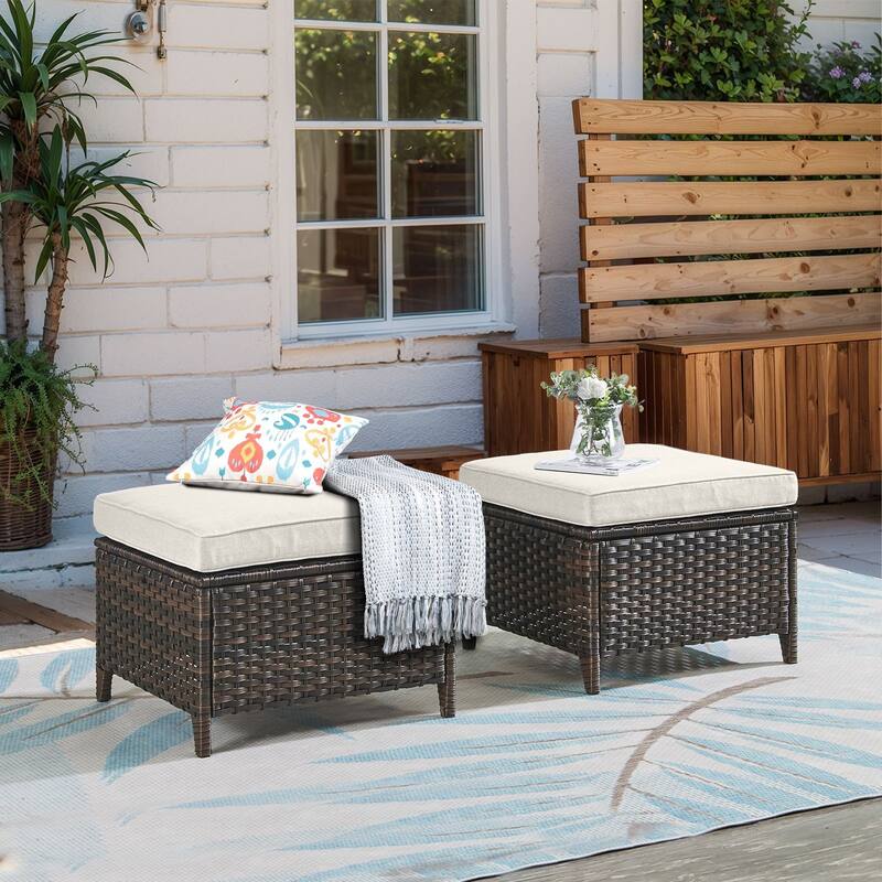 Outdoor Ottomans for Patio Set of 2 PE Wicker - Beige - Brown
