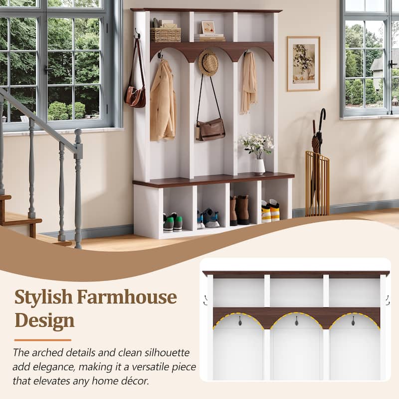 Farmhouse Hall Tree with Storage Bench & Shoe Cabinet, Arched Entryway Organizer with 5 Hooks and 7 Cubbies, Walnut Finish