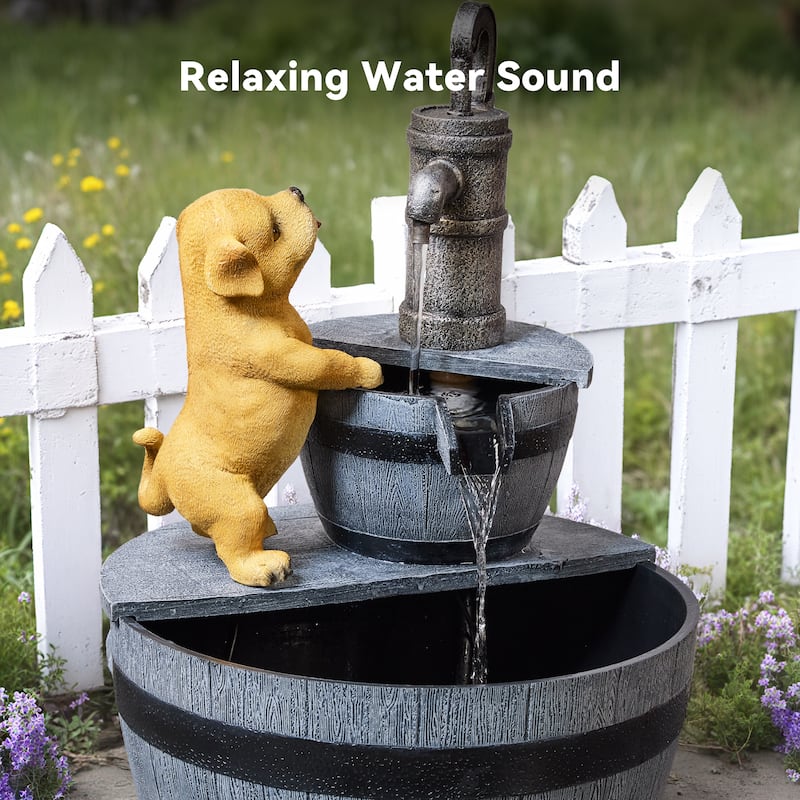 Farmhouse Tiered Outdoor Fountain – Faucet and Puppy Design, Weather Resistant Polyresin
