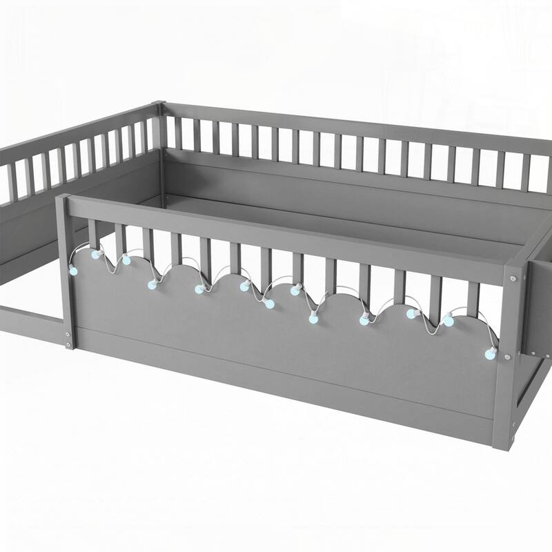 Montessori Floor Bed Frame with with Light and Storage Shelf