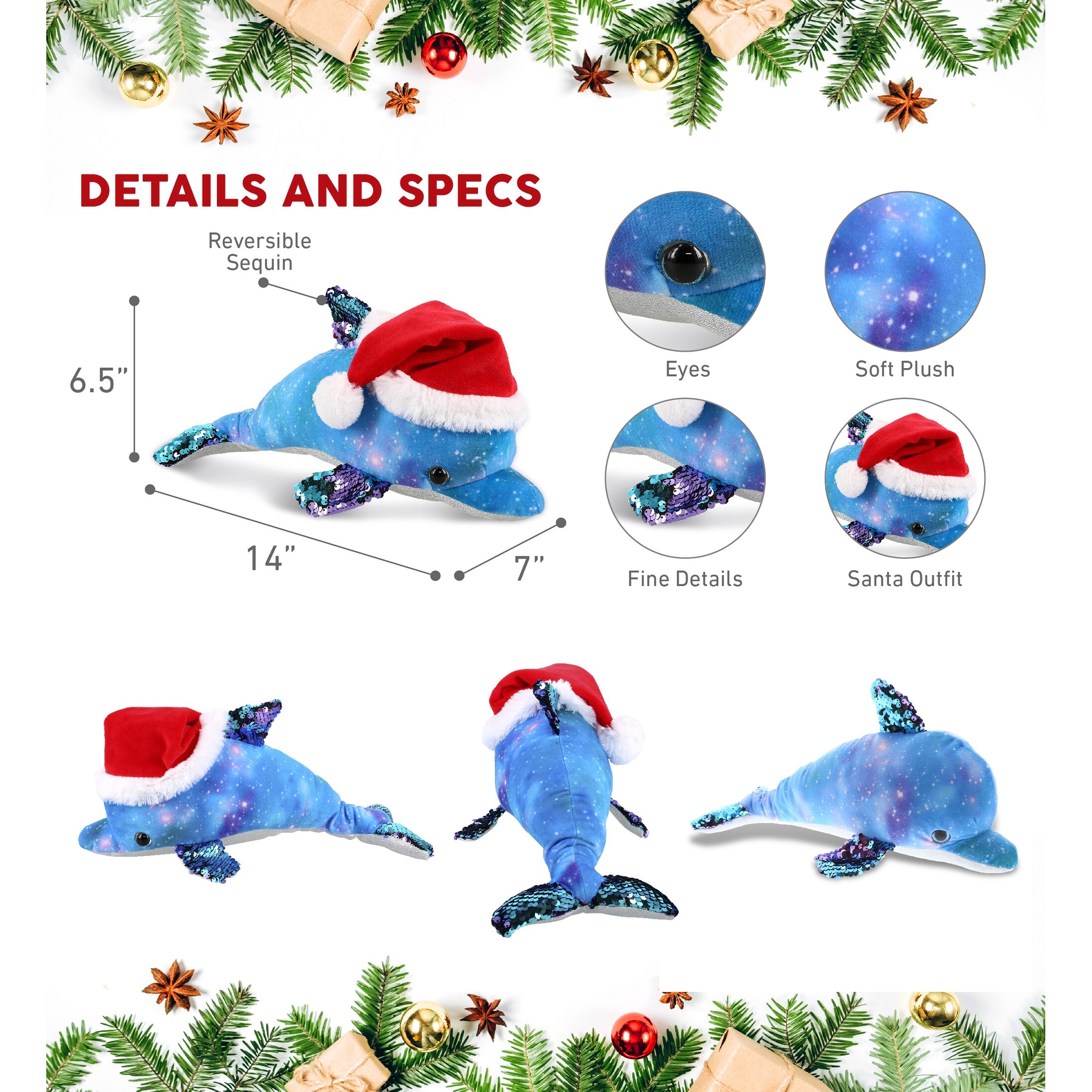 DolliBu Santa Space Sequin Dolphin Stuffed Animal Plush with Santa Hat 12 inches Blue Polyester