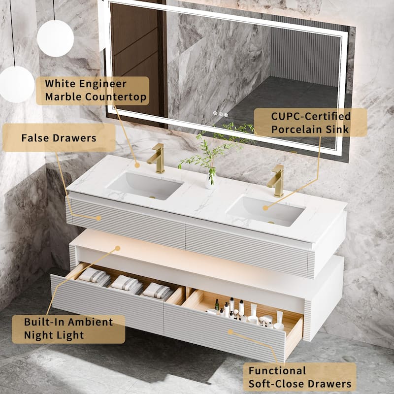 Modland 60" Modern Wall-Mounted Double Sink Bathroom Vanity with Engineered Stone Countertop, Soft-Close Drawers