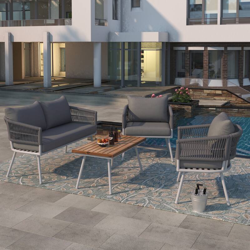 4-Pieces Rope Patio Conversation Set with Wooden Table & Cushion
