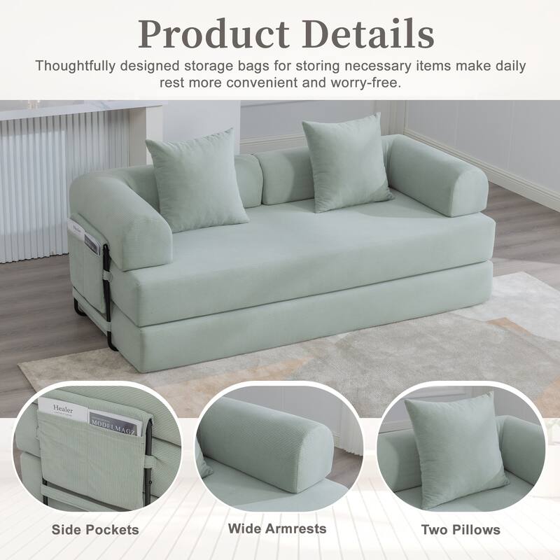 Foldable Modular Couch Sleeper Loveseat Sofa Bed with Storage Side Pocket, Detachable Metal Frame and Corduroy Fabric Cover