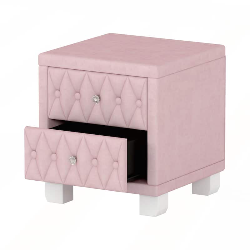 Elegant Velvet Nightstand with 2 Drawers and Crystal Handle