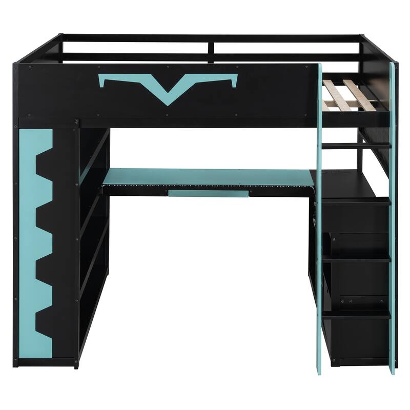 Full Size Gaming Loft Bed with Desk & RGB LED Lights, Pro-Gamer Setup with Pegboard, Keyboard Tray & Storage