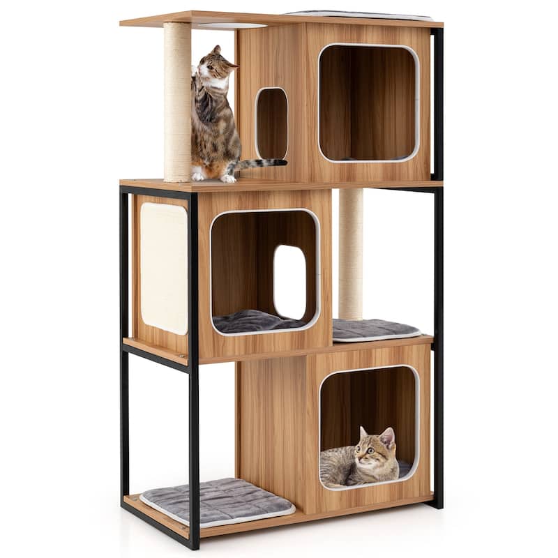 Natural Gray Black Multi-Level Cat Tree Sisal Plush with Condos - Natural