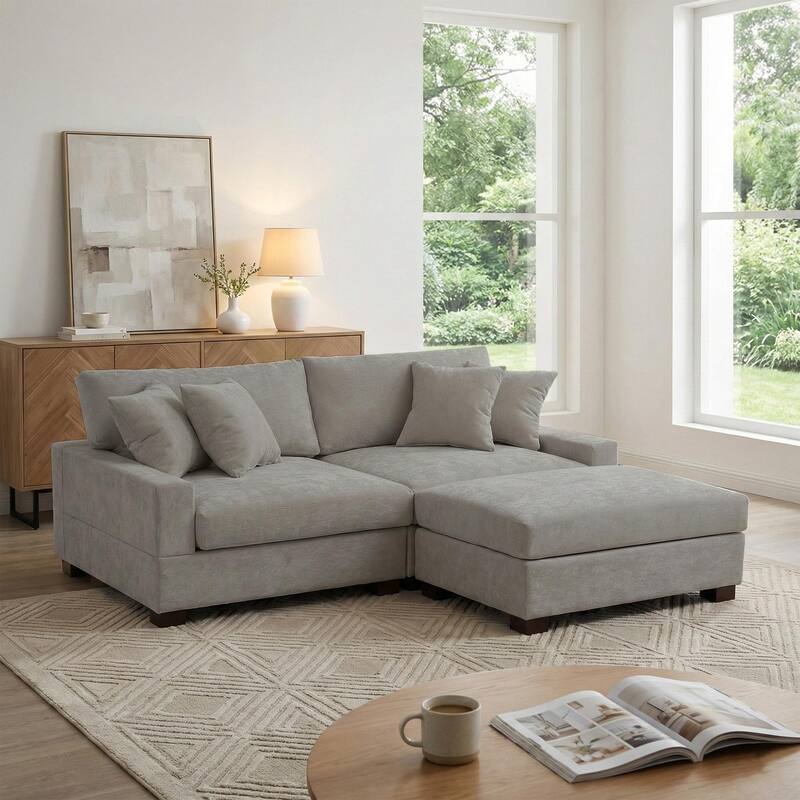Modern Oversized Chenille Modular Sectional Sofa with Ottoman - Grey-3 Piece