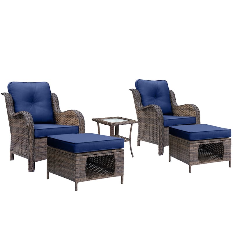 5 Piece Outdoor Wicker Patio Conversation Chair with Ottoman Set
