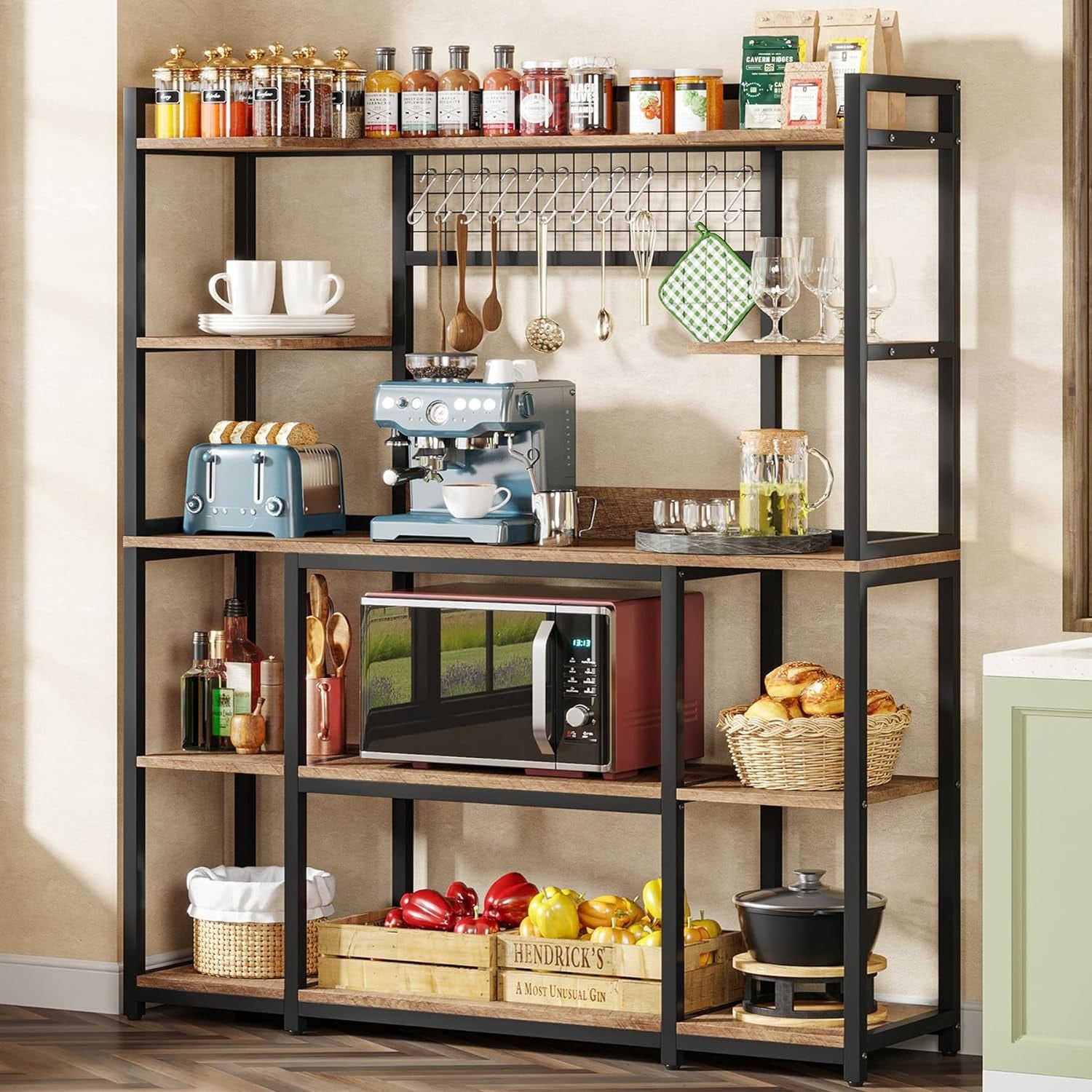 55" Wide Kitchen Hutch Cabinet Microwave Stand with 11 Hooks
