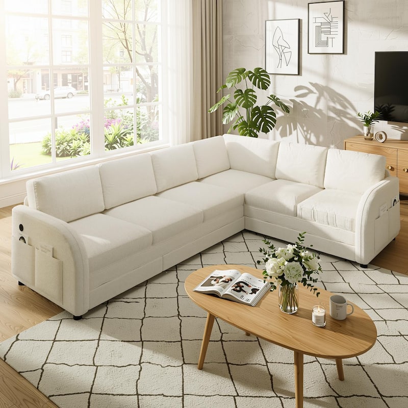 Homy Casa 85"/115" L-Shaped Sectional Sofa Bed USB & Side Pocket, Teddy Fabric Pull-Out Sleeper, Reversible Chaise, Multi Colors