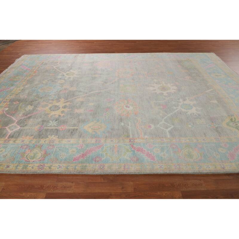Grey Floral Oushak Indian Area Rug Handmade Wool Carpet - 8'8"x 12'6"