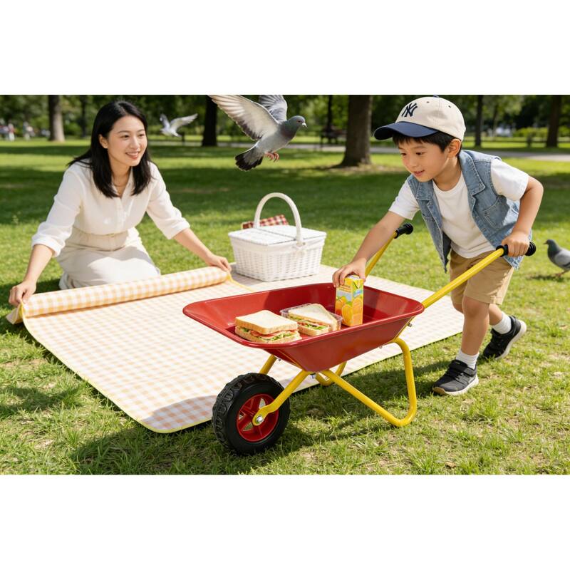 Heavy-Duty Steel Children's Wheelbarrow - 33lb Capacity Metal Garden Cart with Steel Tray, Red
