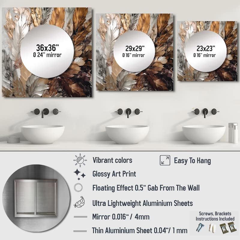 Designart "Gold Feather Extravaganza IV" Glam Feather Wall Mirror - Floral Large Square Printed Mirror For Hallway