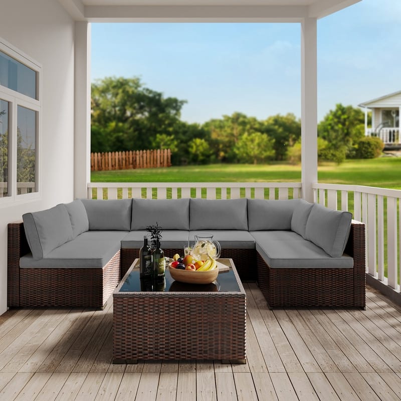 7-Pieces Outdoor PE Garden Furniture Wicker Rattan Patio Furniture Wicker Sectional Conversion Set