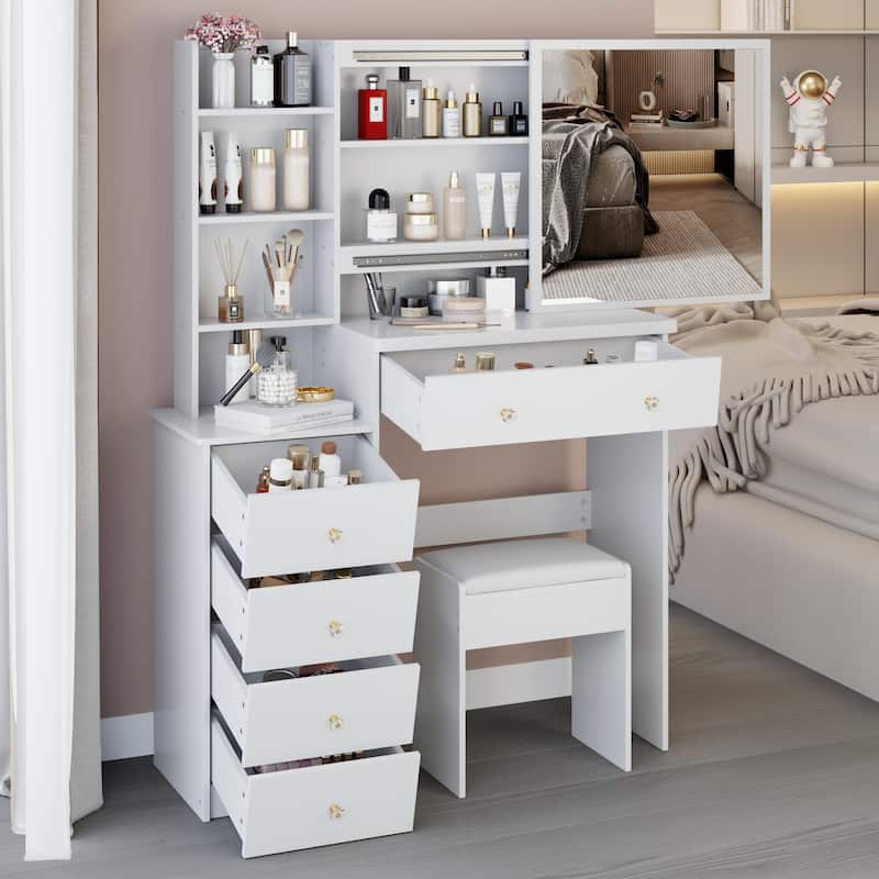 37"L Middle Size Vanity Table with Stool and Sliding Mirror