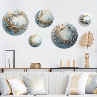 Designart "Blue And Gold Wreath Flower" Wreath Wall Art Set of 5 - Traditional Beige Bedroom Metal Wall Art Set