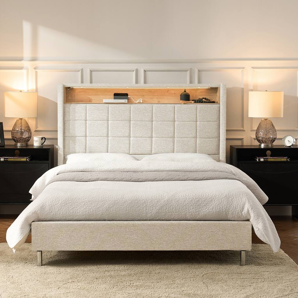 Celia Modern 61.5" Geometric Pattern Bed with Storage Headboard and Warm Night Light by HULALA HOME