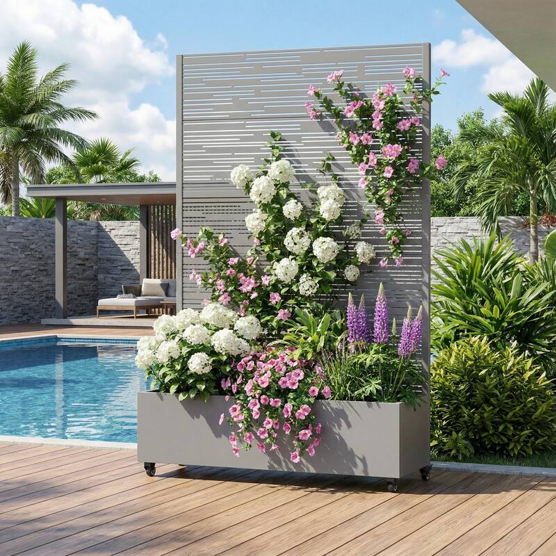 Raised Garden Bed Planter with Trellis Movable Planter Box with Lockable Wheels - 72*47 - Grey