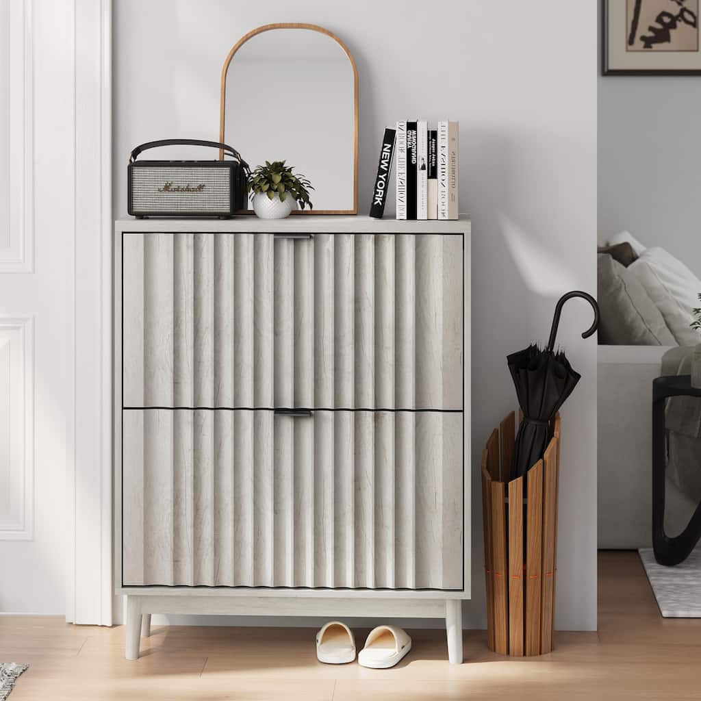 Shoe Cabinet with 2 Flip Drawers, Fluted Shoe Storage Cabinet for Entryway, Free Standing Shoe Storage Organizer with Wa