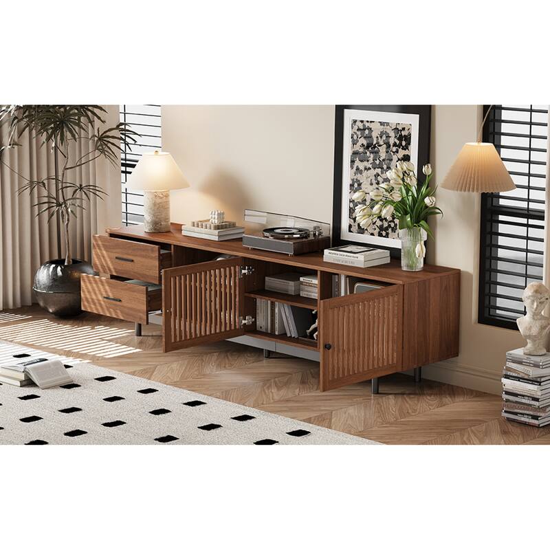 Roomfitters 78 Inch Modern TV Stand for TVs up to 85 Inch, Media Console with Deep Drawers & Solid Wood Legs, Walnut