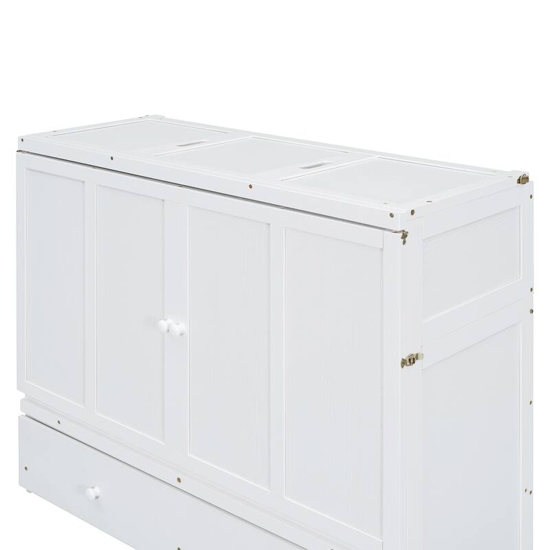 Space-Saving White Full Size Murphy Bed with USB Ports and Large Storage Drawer