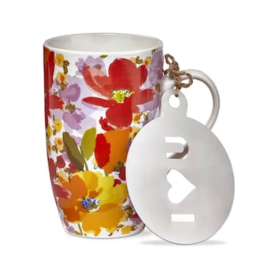 Springtime Floral Red Yellow Purple Flowers on White Background Mug & Stencil Set for Coffee Tea and Coco, 22 0z.