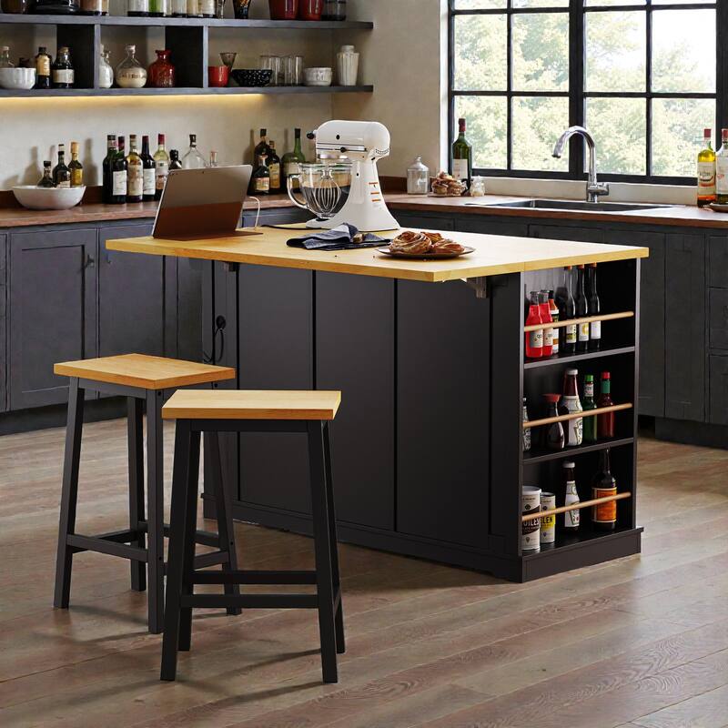 53" Large Kitchen Island with Drop Leaf, Power Outlet, Rolling Cart with Internal Door Racks, Wheels