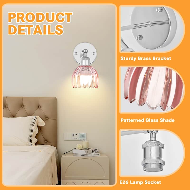 Adjustable Vintage Wall Sconce with Amber Tulip Glass Brass Fixture with Switch Ideal for Bedroom Hallway or Entry