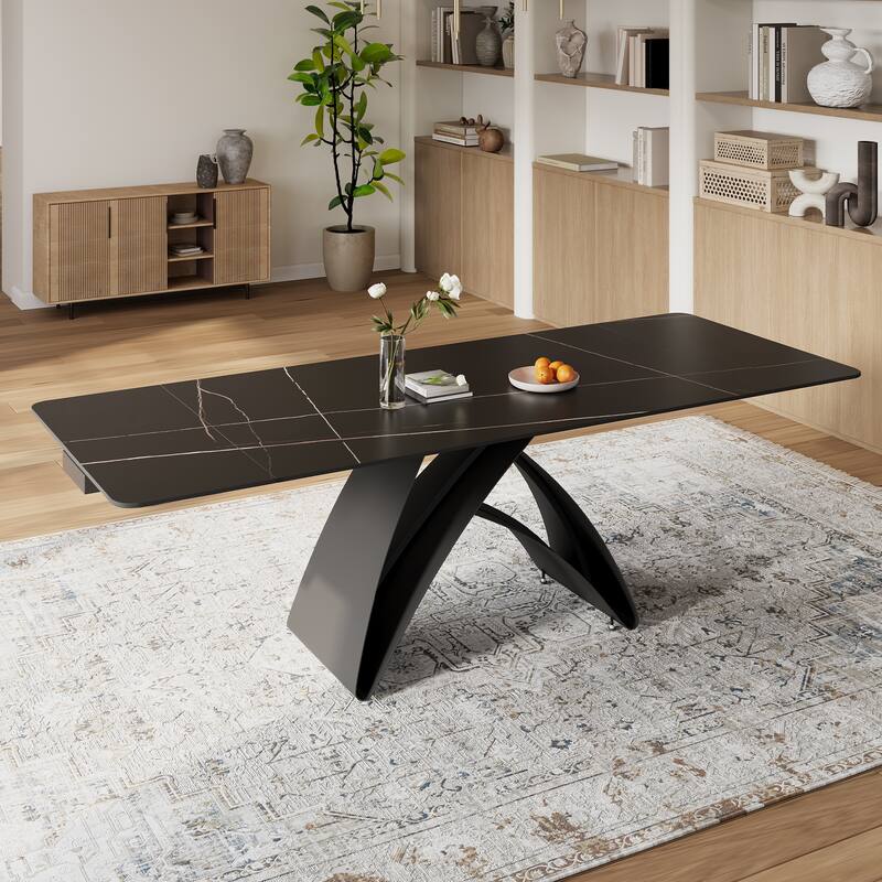 63-95"Extendable Modern Dining Table for 6-10, Black Sintered Stone Tabletop