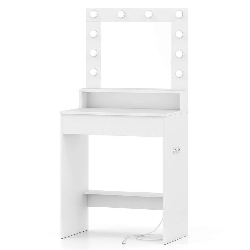 Small Vanity Desk w/ Mirror & Lights Compact Dressing Table - White