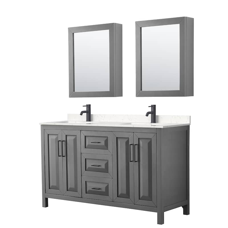 Daria 60 Inch Double Vanity, Cultured Marble Top, Medicine Cabinets - Dark Gray, Black Trim, Carrara Cultured Marble Top