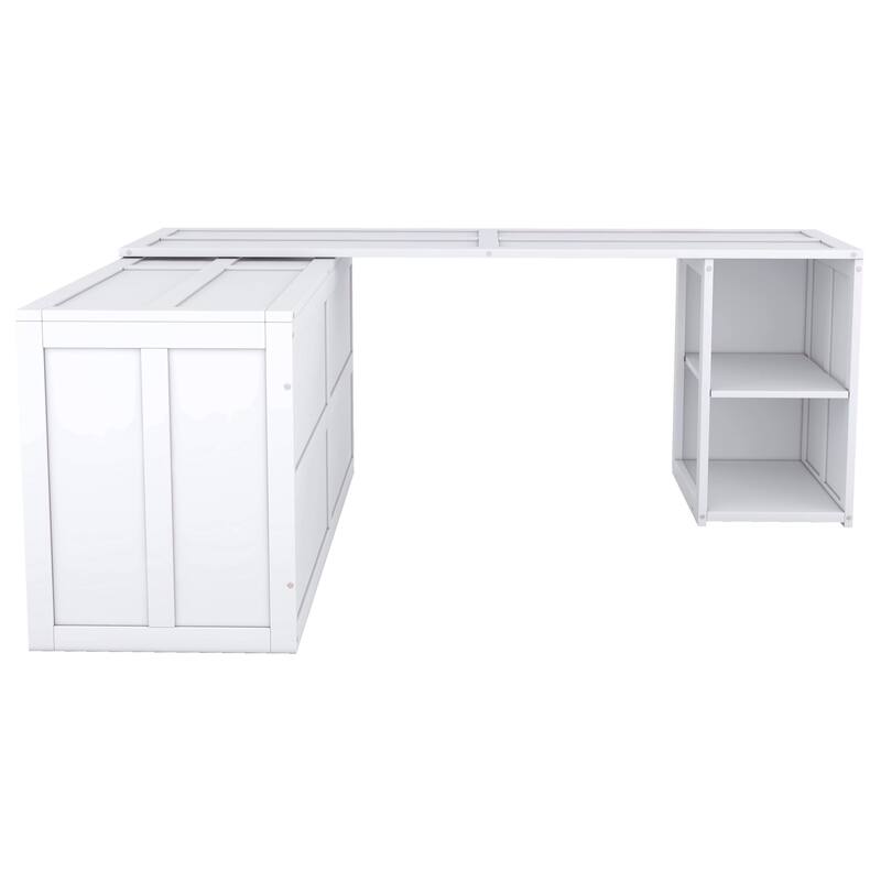 White Queen Murphy Bed in Pine Wood & MDF with Rotating Desk and Storage Shelves