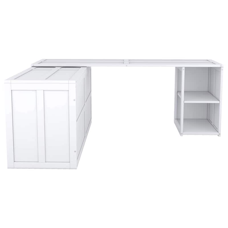 White Queen Size Murphy Bed with Rotating Desk and Shelves - Pine Wood and MDF Space Saver